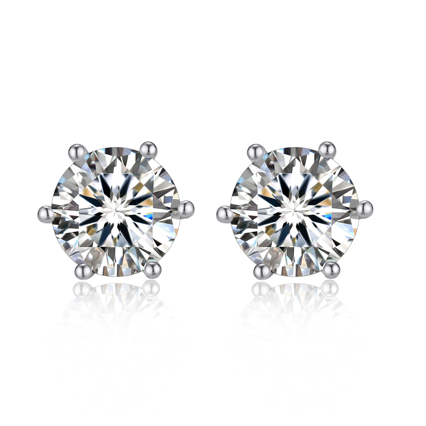 6 Prong Round Stud Moissanite Earrings in White Gold (D Color VVS1)