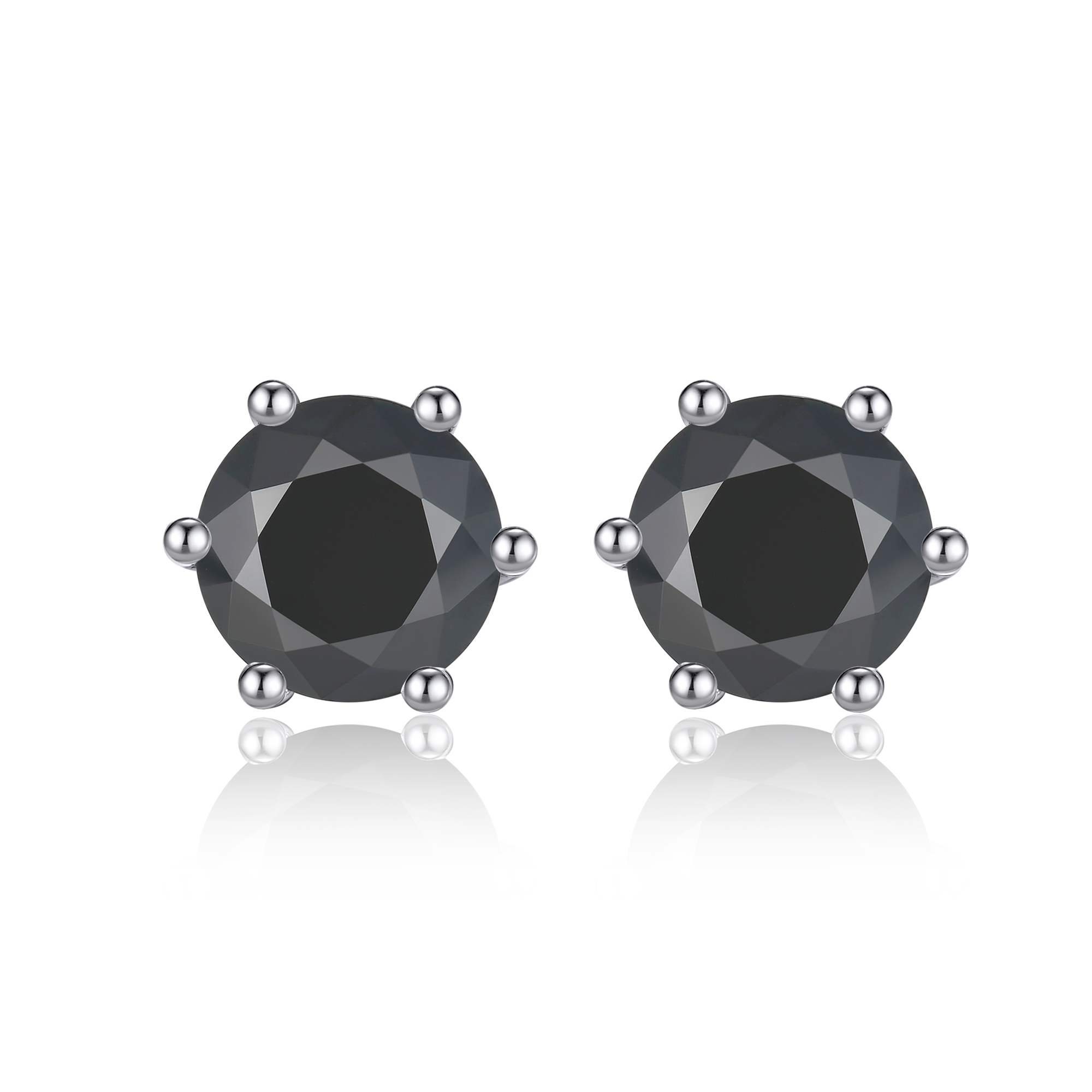 6 Prong Round Stud Black Moissanite Earrings in White Gold (D Color VVS1)