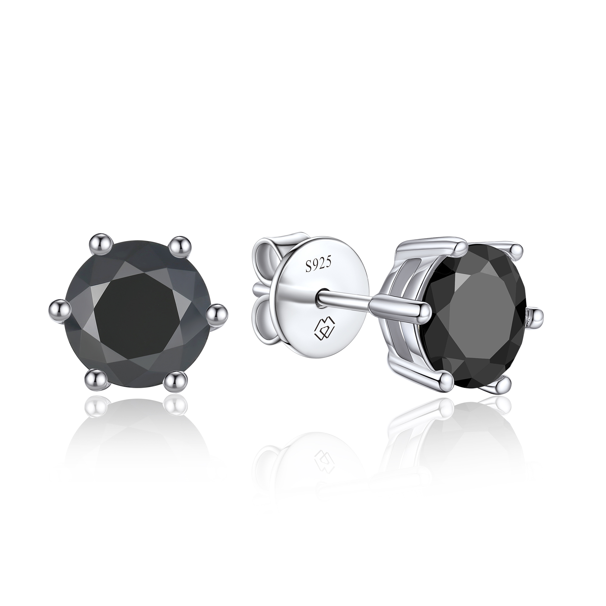 6 Prong Round Stud Black Moissanite Earrings in White Gold (D Color VVS1)
