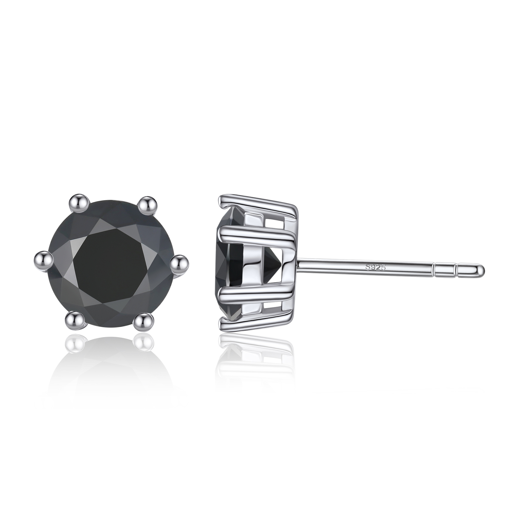 6 Prong Round Stud Black Moissanite Earrings in White Gold (D Color VVS1)