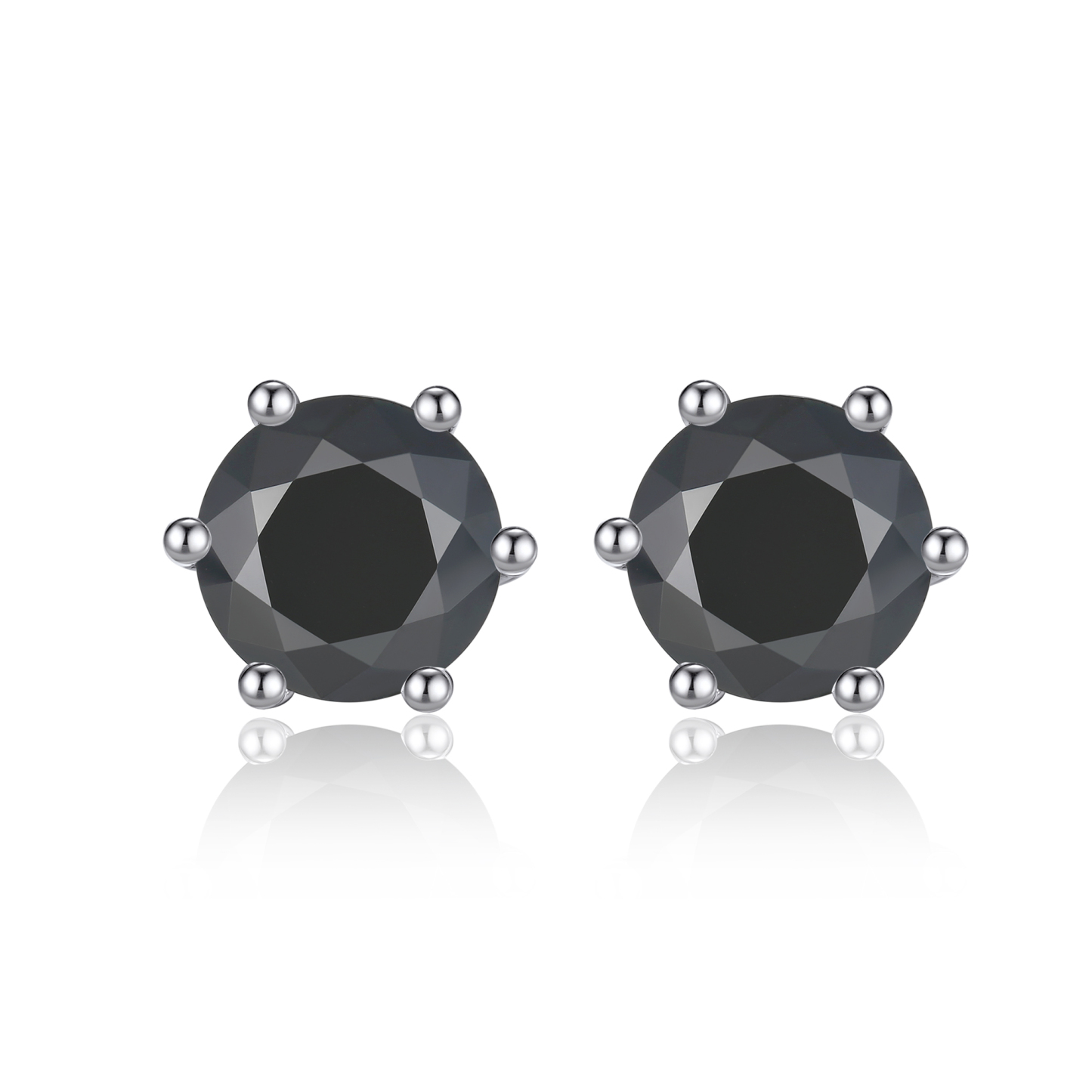 6 Prong Round Stud Black Moissanite Earrings in White Gold (D Color VVS1)