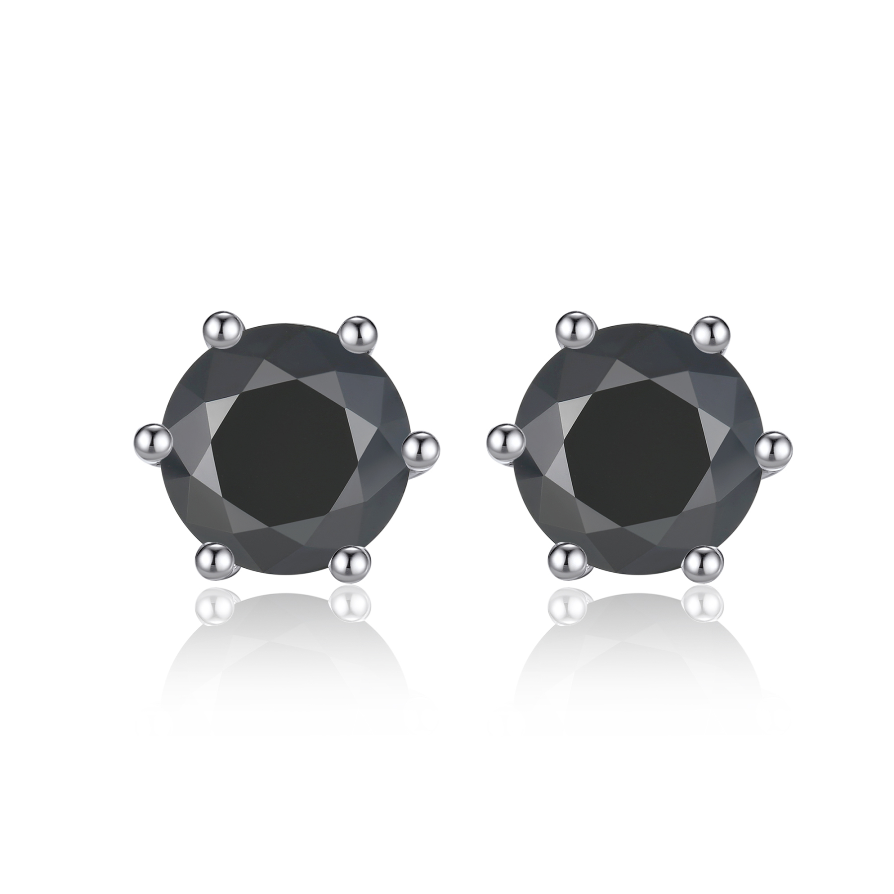 6 Prong Round Stud Black Moissanite Earrings in White Gold (D Color VVS1)