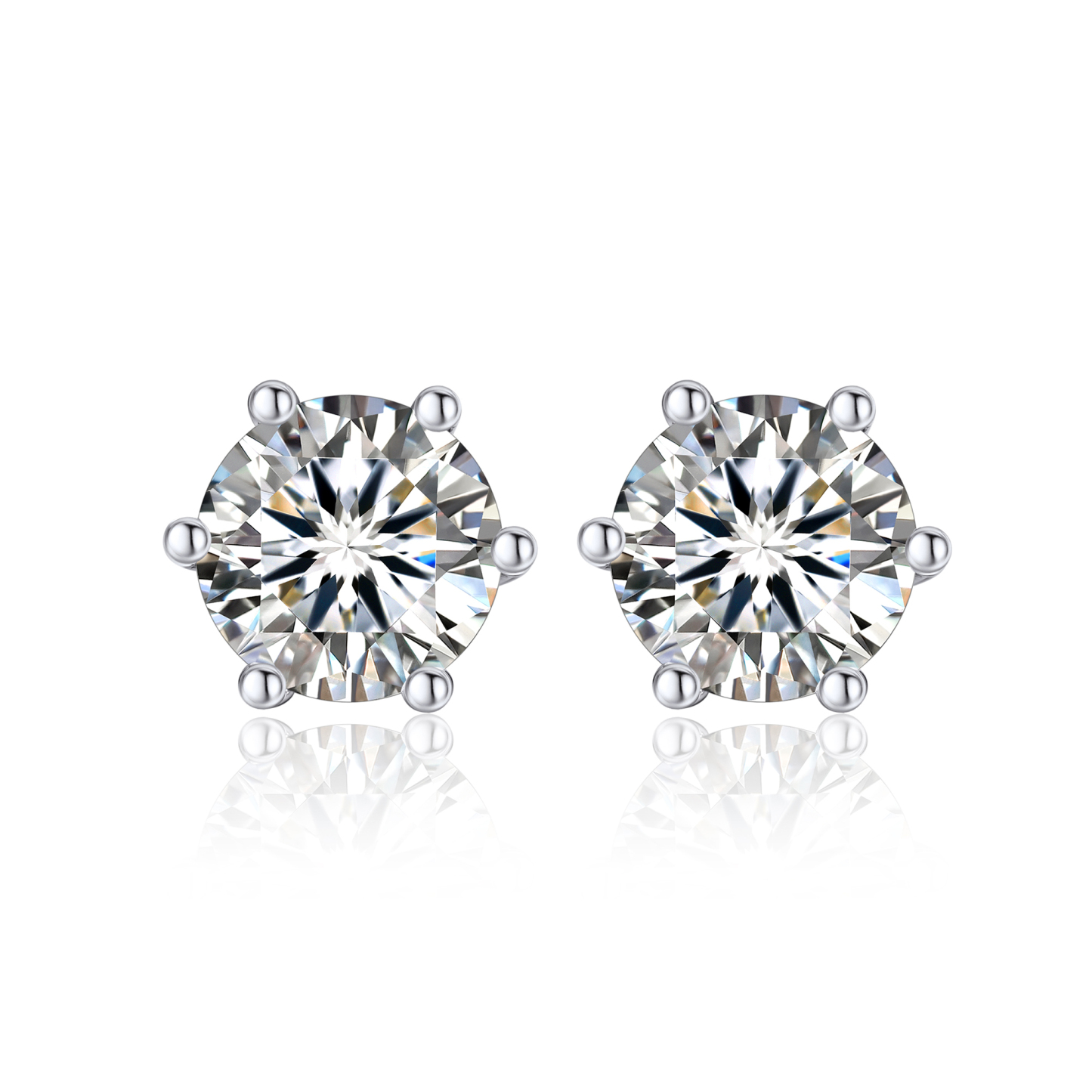 6 Prong Round Stud Moissanite Earrings in White Gold (D Color VVS1)