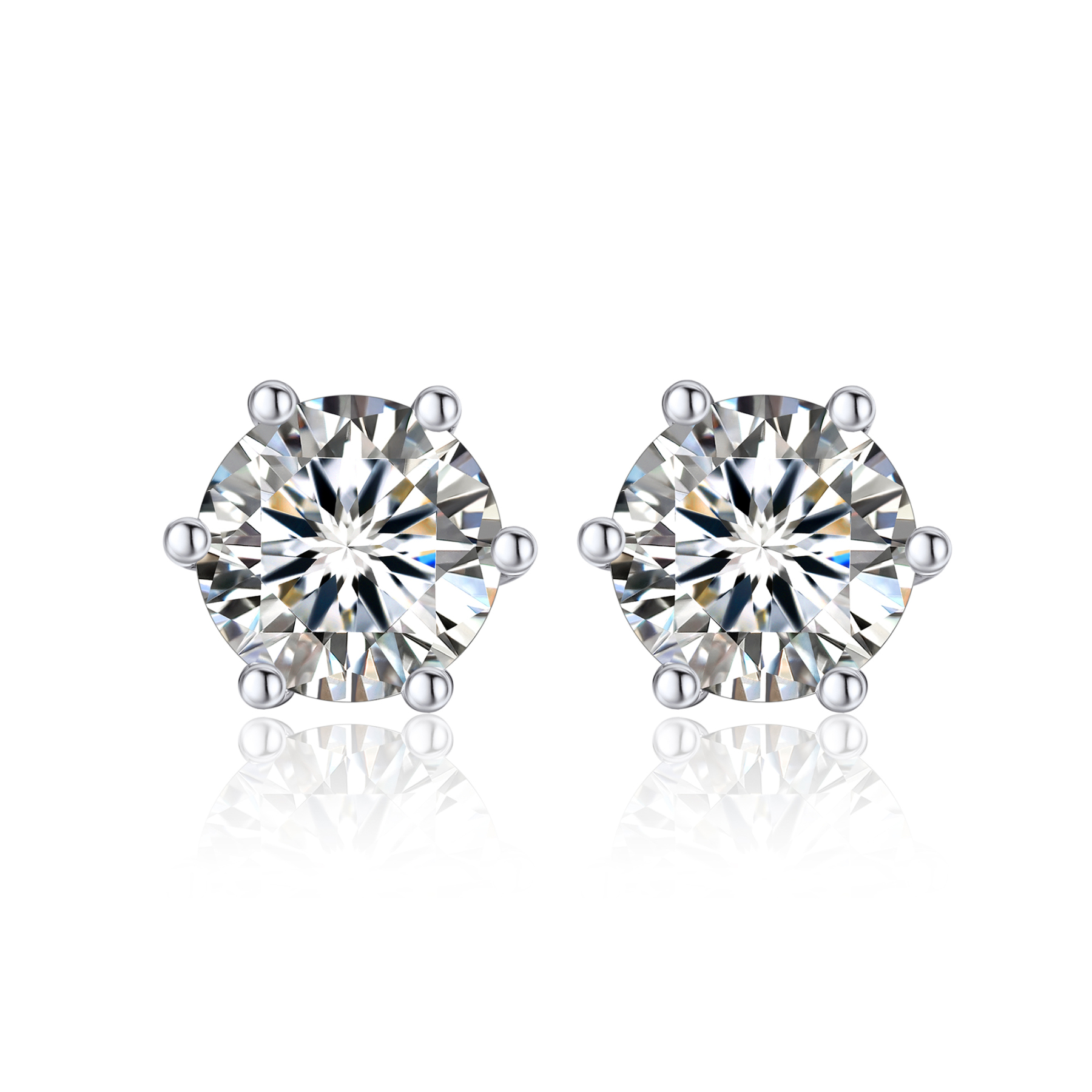 6 Prong Round Stud Moissanite Earrings in White Gold (D Color VVS1)
