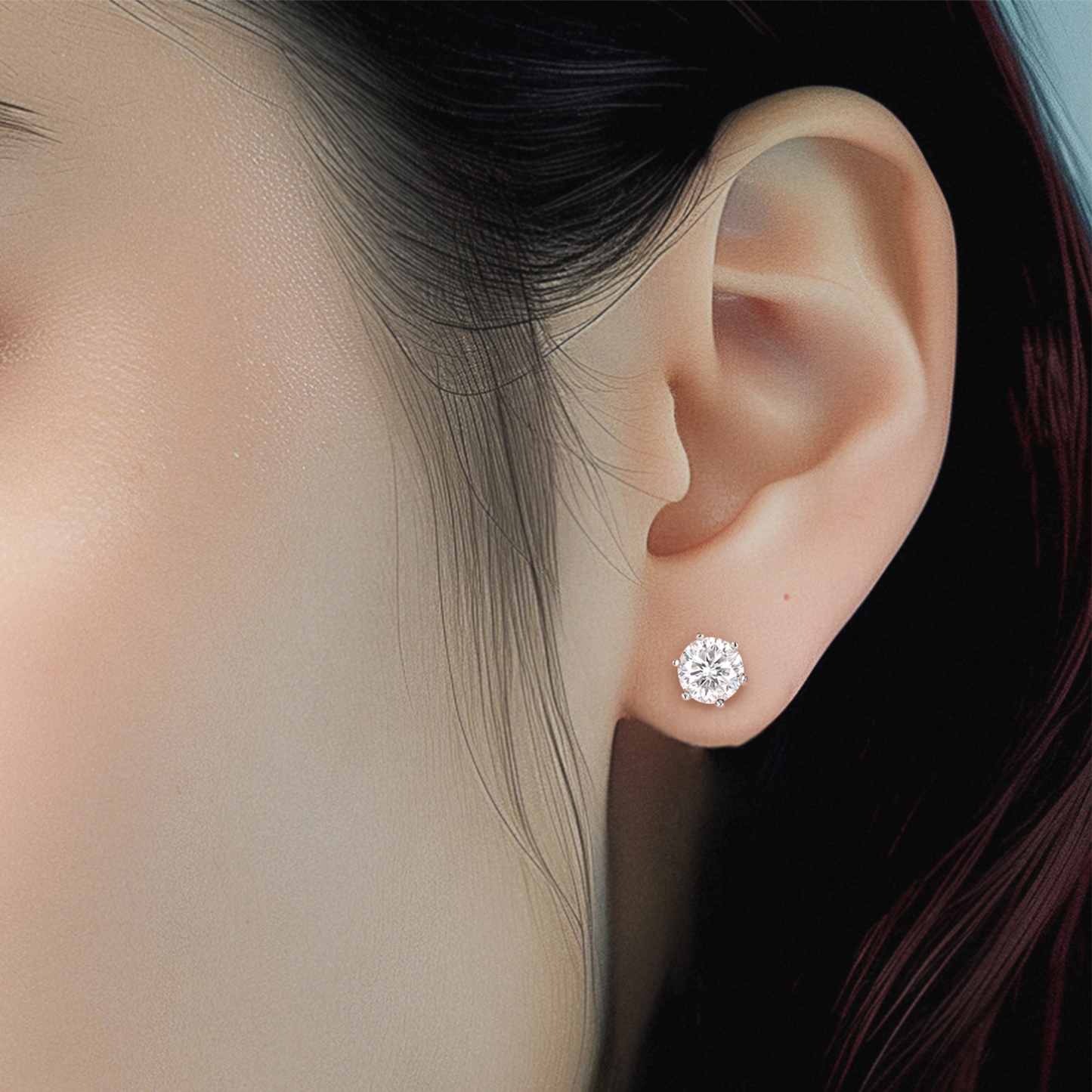 6 Prong Round Stud Moissanite Earrings in White Gold (D Color VVS1)