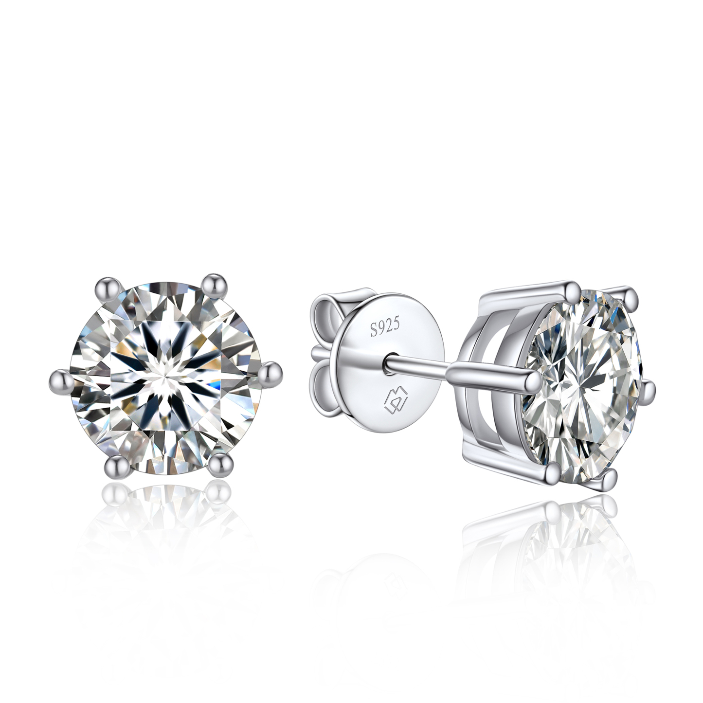 6 Prong Round Stud Moissanite Earrings in White Gold (D Color VVS1)