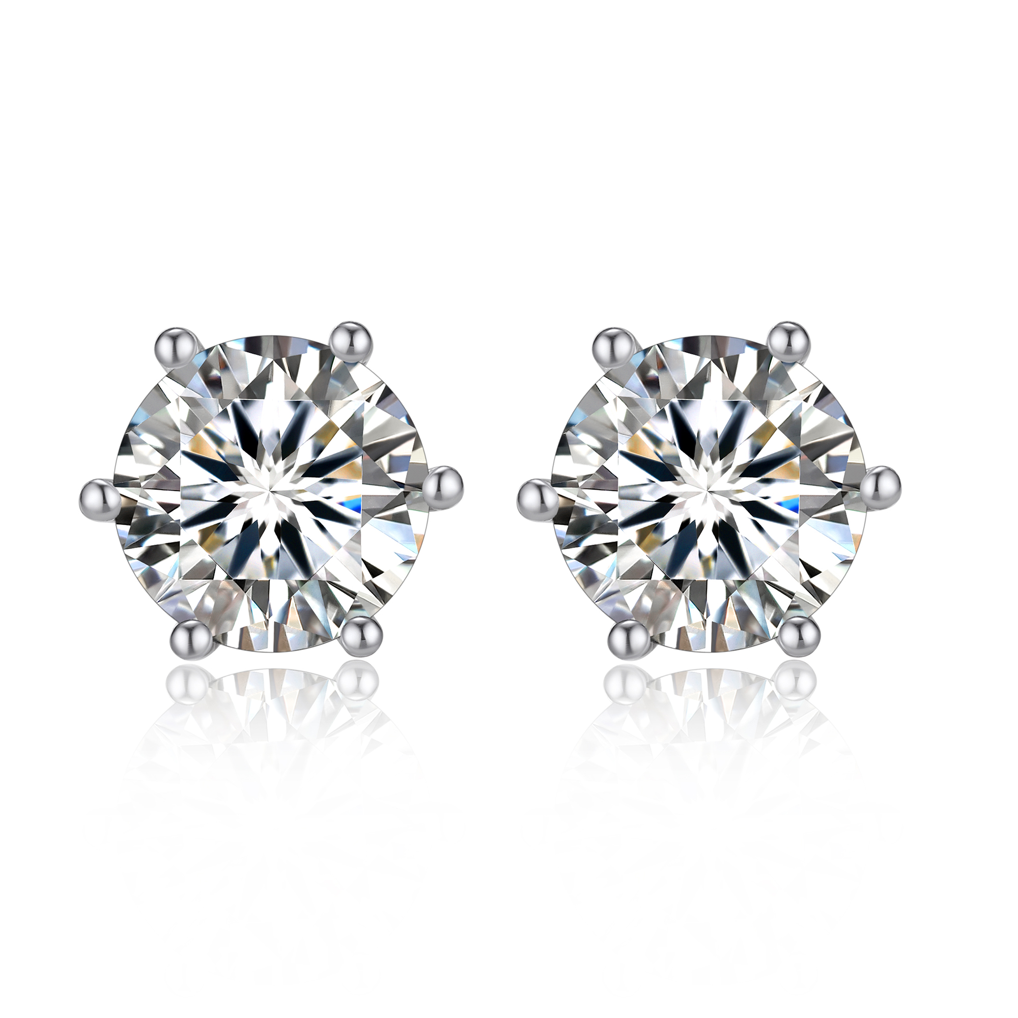 6 Prong Round Stud Moissanite Earrings in White Gold (D Color VVS1)