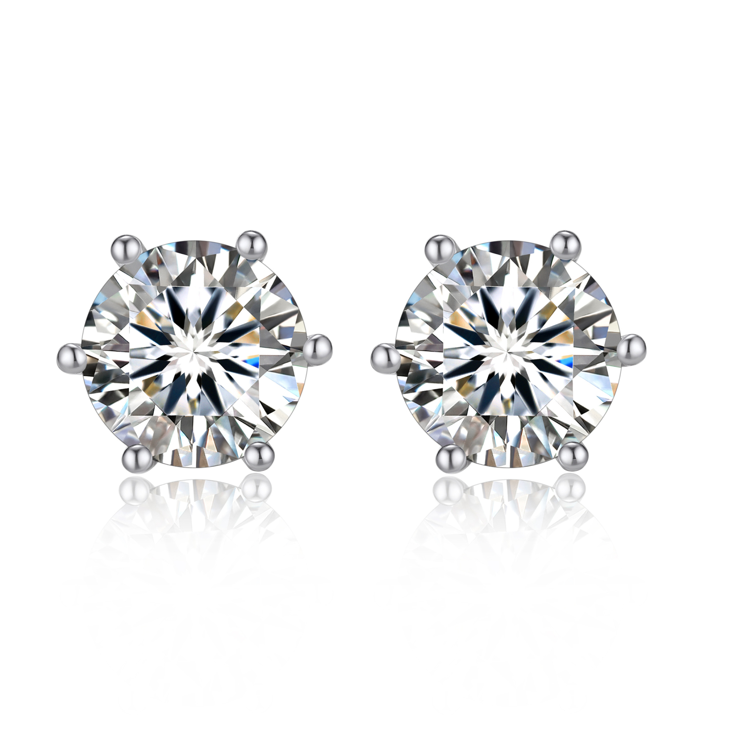6 Prong Round Stud Moissanite Earrings in White Gold (D Color VVS1)