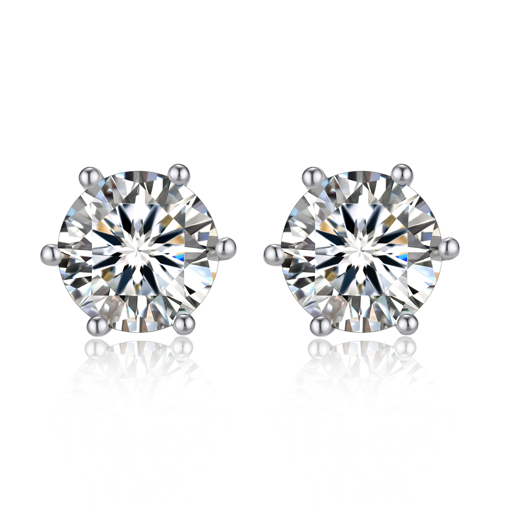 6 Prong Round Stud Moissanite Earrings in White Gold (D Color VVS1)