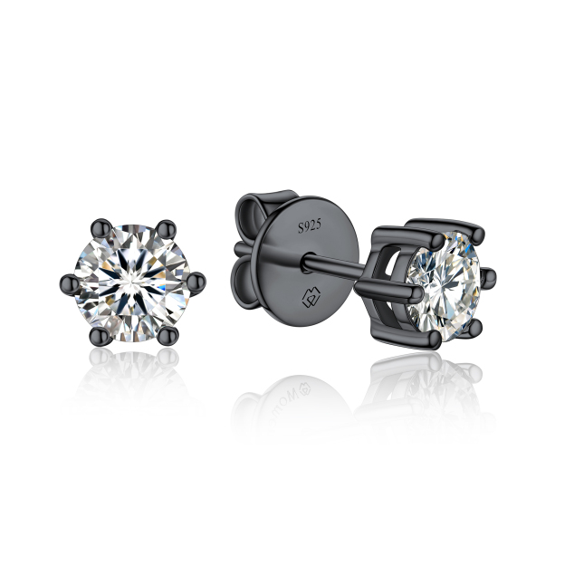6 Prong Round Stud Moissanite Earrings in Black (D Color VVS1)