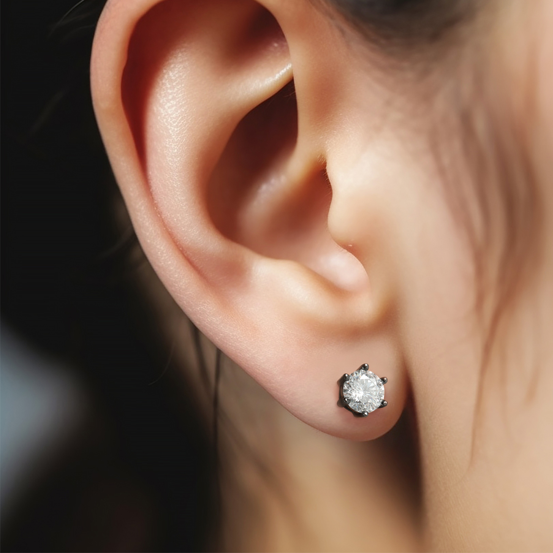 6 Prong Round Stud Moissanite Earrings in Black (D Color VVS1)