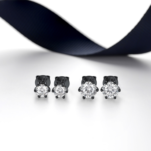 6 Prong Round Stud Moissanite Earrings in Black (D Color VVS1)