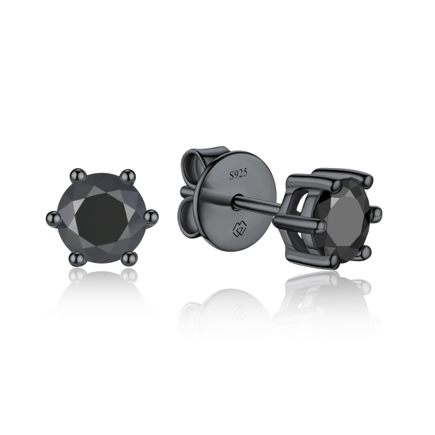 6 Prong Round Stud Black Moissanite Earrings in Black (D Color VVS1)