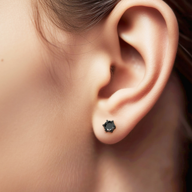 6 Prong Round Stud Black Moissanite Earrings in Black (D Color VVS1)