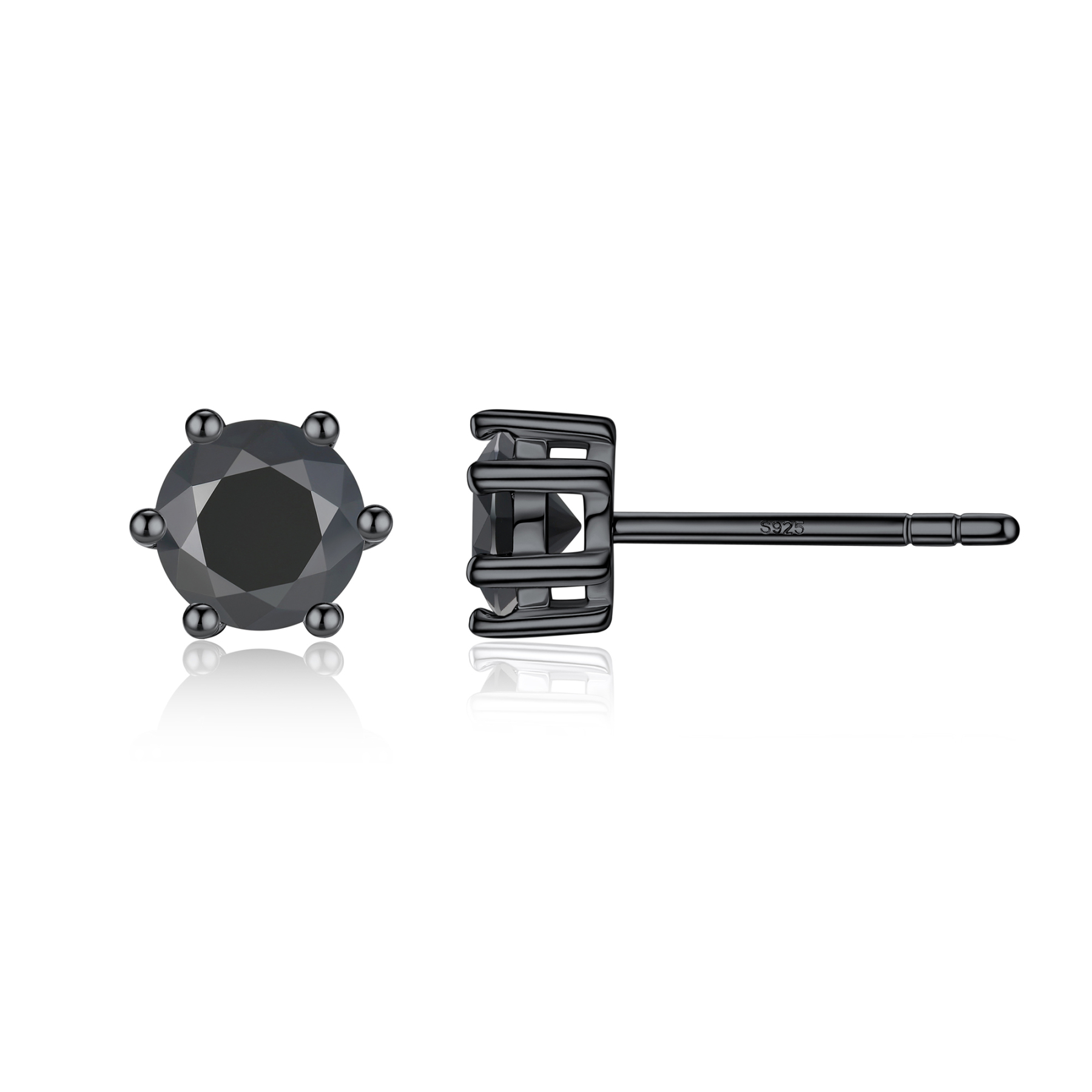 6 Prong Round Stud Black Moissanite Earrings in Black (D Color VVS1)