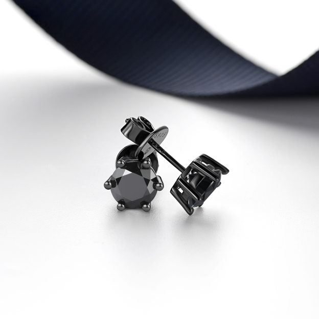 Six Prong Round Black Moissanite Stud Earrings in Black Plated, Sterling Silver-01