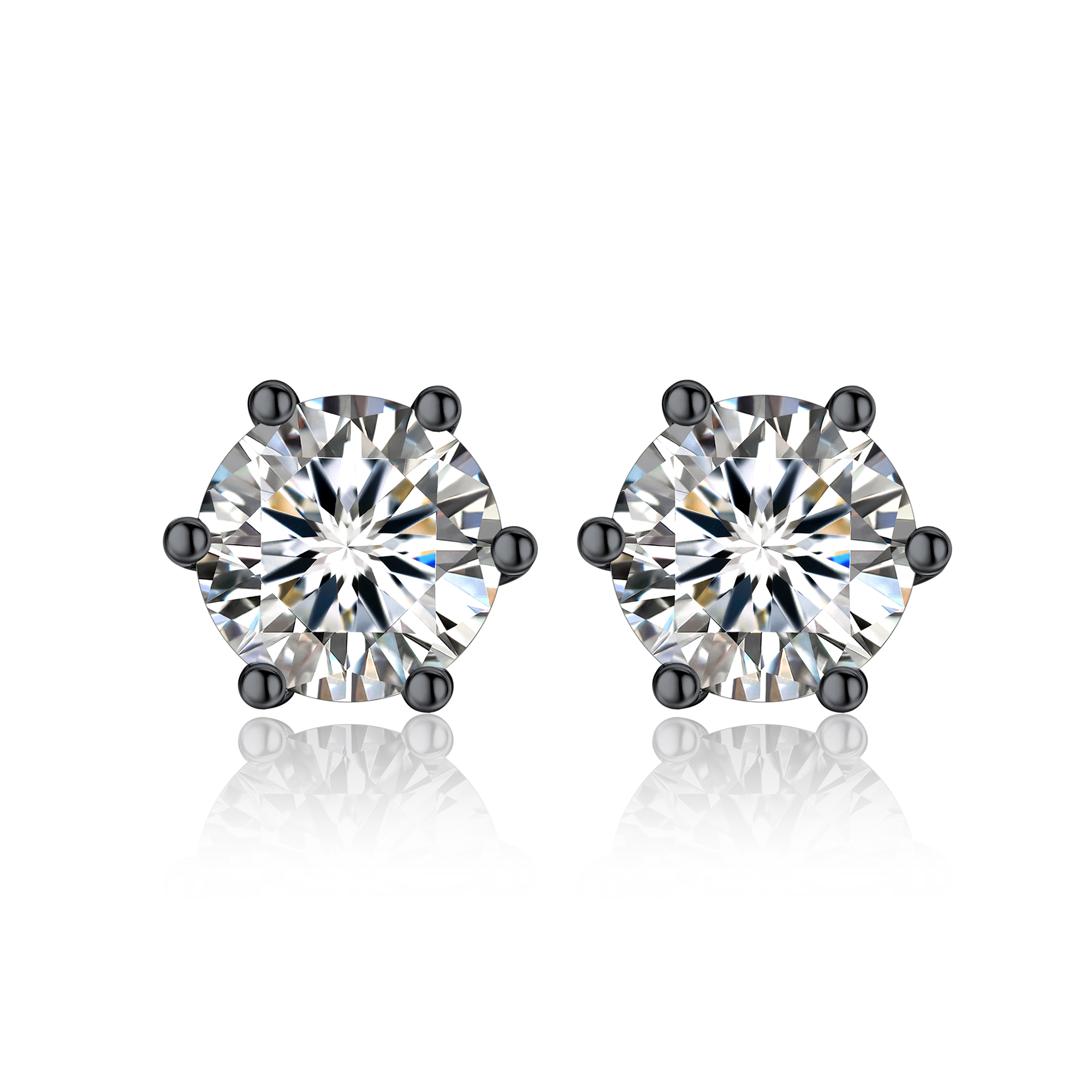 6 Prong Round Stud Moissanite Earrings in Black (D Color VVS1)