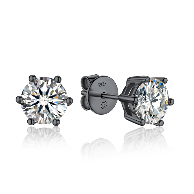 6 Prong Round Stud Moissanite Earrings in Black (D Color VVS1)