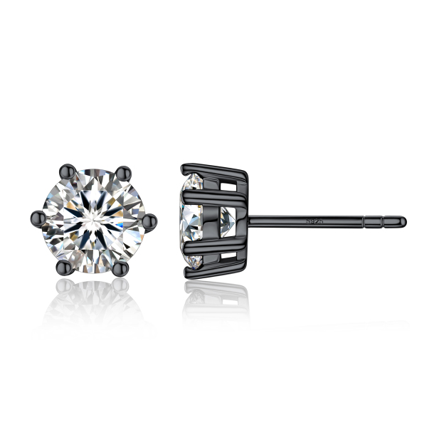 6 Prong Round Stud Moissanite Earrings in Black (D Color VVS1)