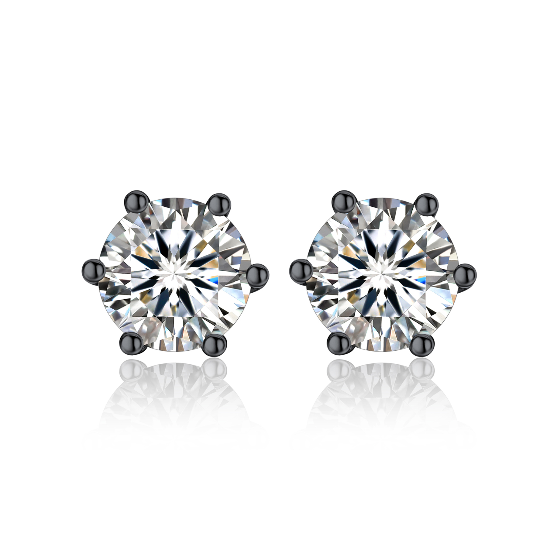6 Prong Round Stud Moissanite Earrings in Black (D Color VVS1)