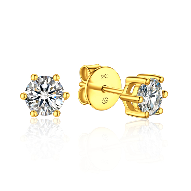 6 Prong Round Stud Moissanite Earrings in Yellow Gold (D Color VVS1)