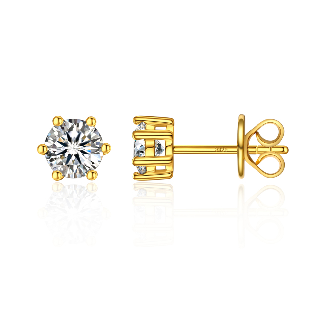 6 Prong Round Stud Moissanite Earrings in Yellow Gold (D Color VVS1)