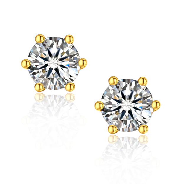 6 Prong Round Stud Moissanite Earrings in Yellow Gold (D Color VVS1)
