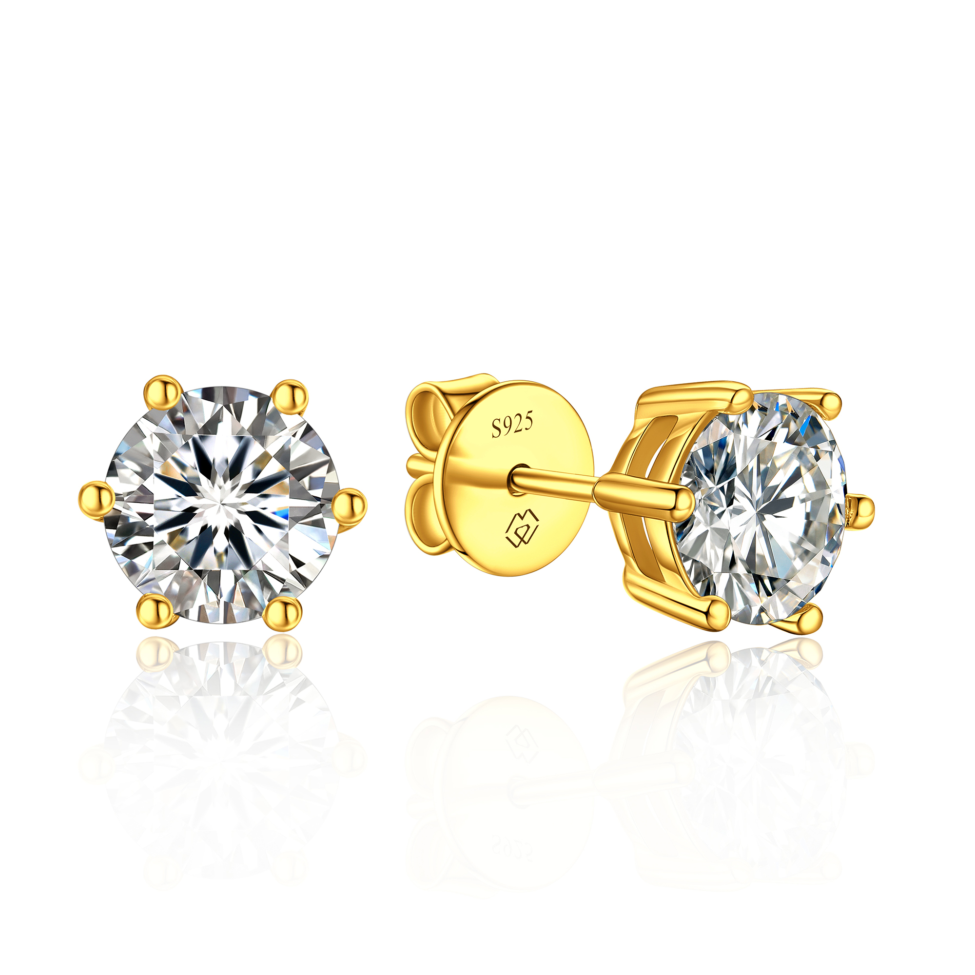6 Prong Round Stud Moissanite Earrings in Yellow Gold (D Color VVS1)