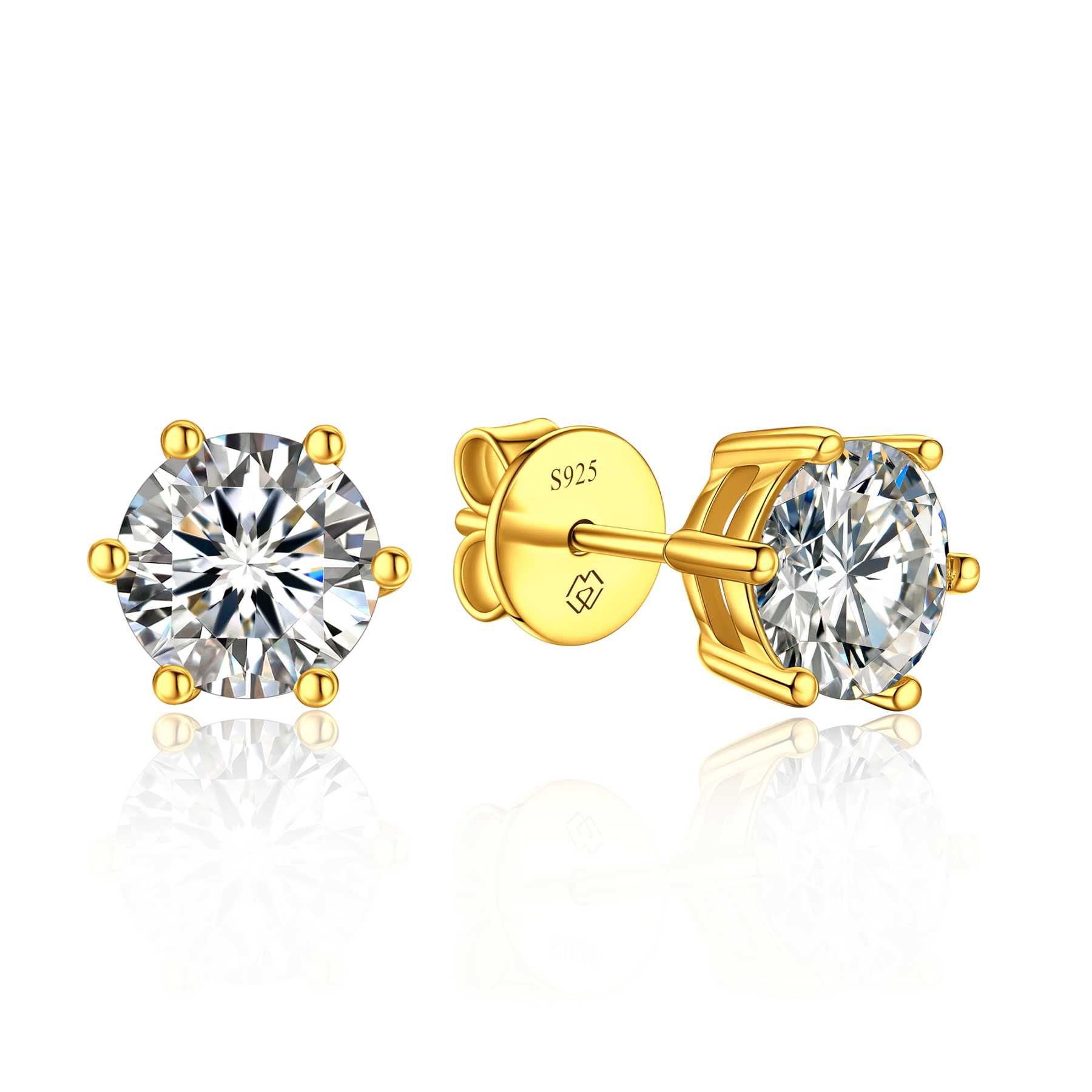 6 Prong Round Stud Moissanite Earrings in Yellow Gold (D Color VVS1)