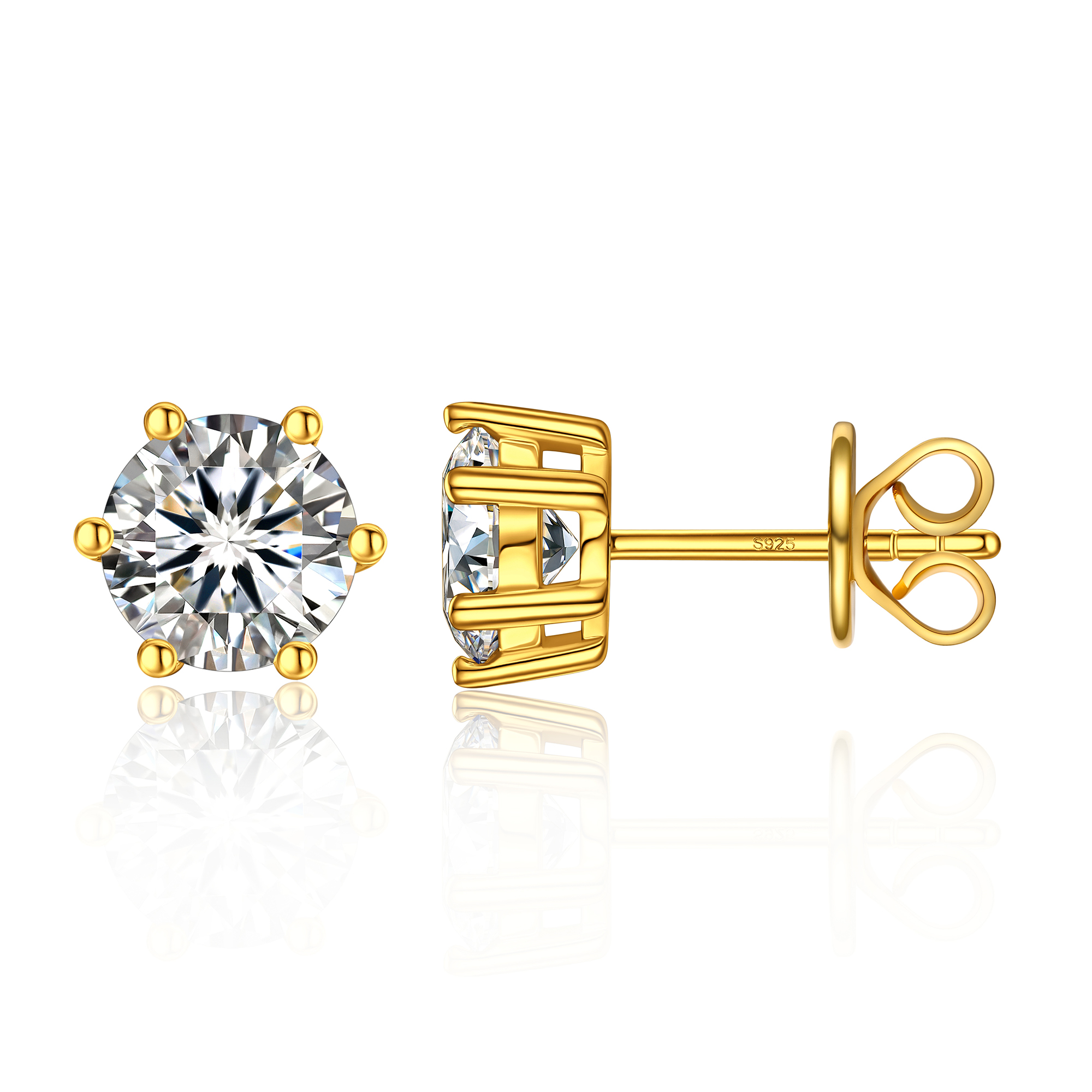 6 Prong Round Stud Moissanite Earrings in Yellow Gold (D Color VVS1)