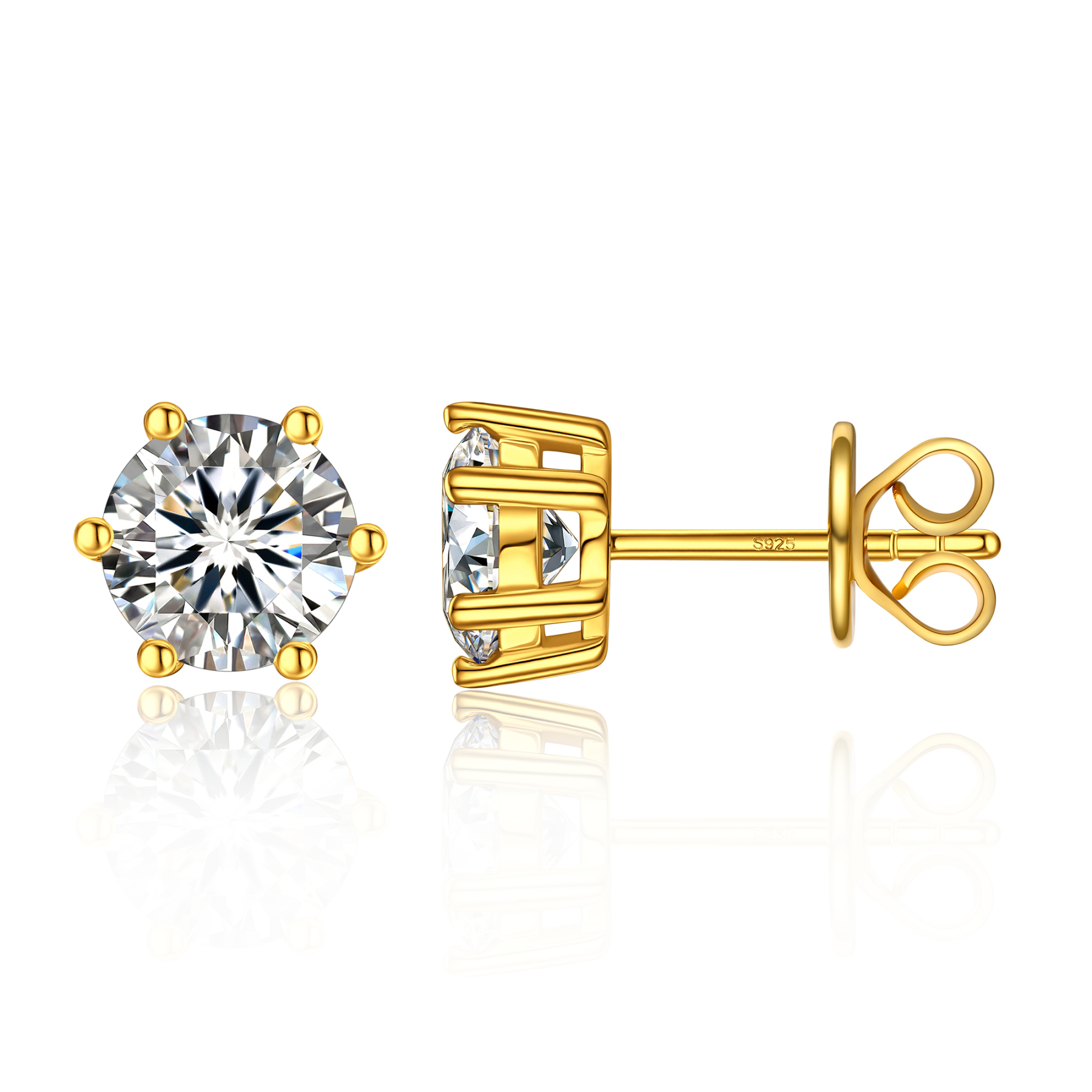 6 Prong Round Stud Moissanite Earrings in Yellow Gold (D Color VVS1)