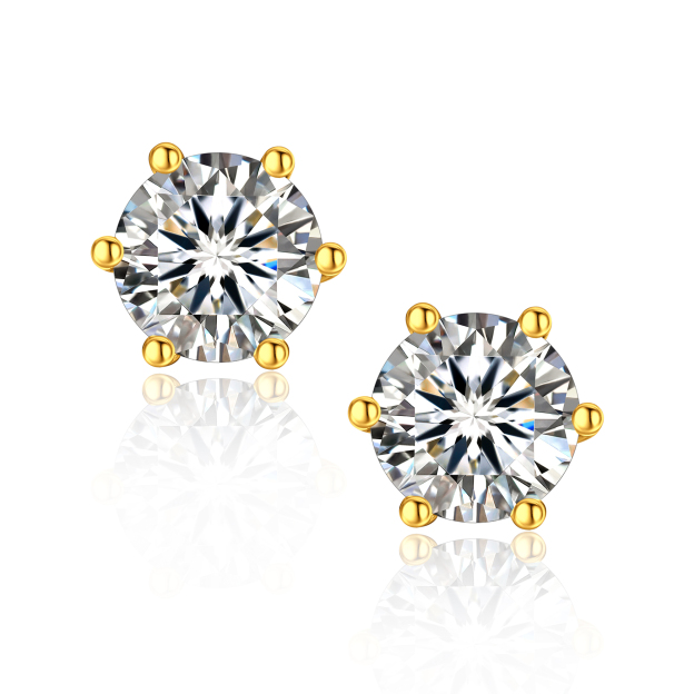 6 Prong Round Stud Moissanite Earrings in Yellow Gold (D Color VVS1)
