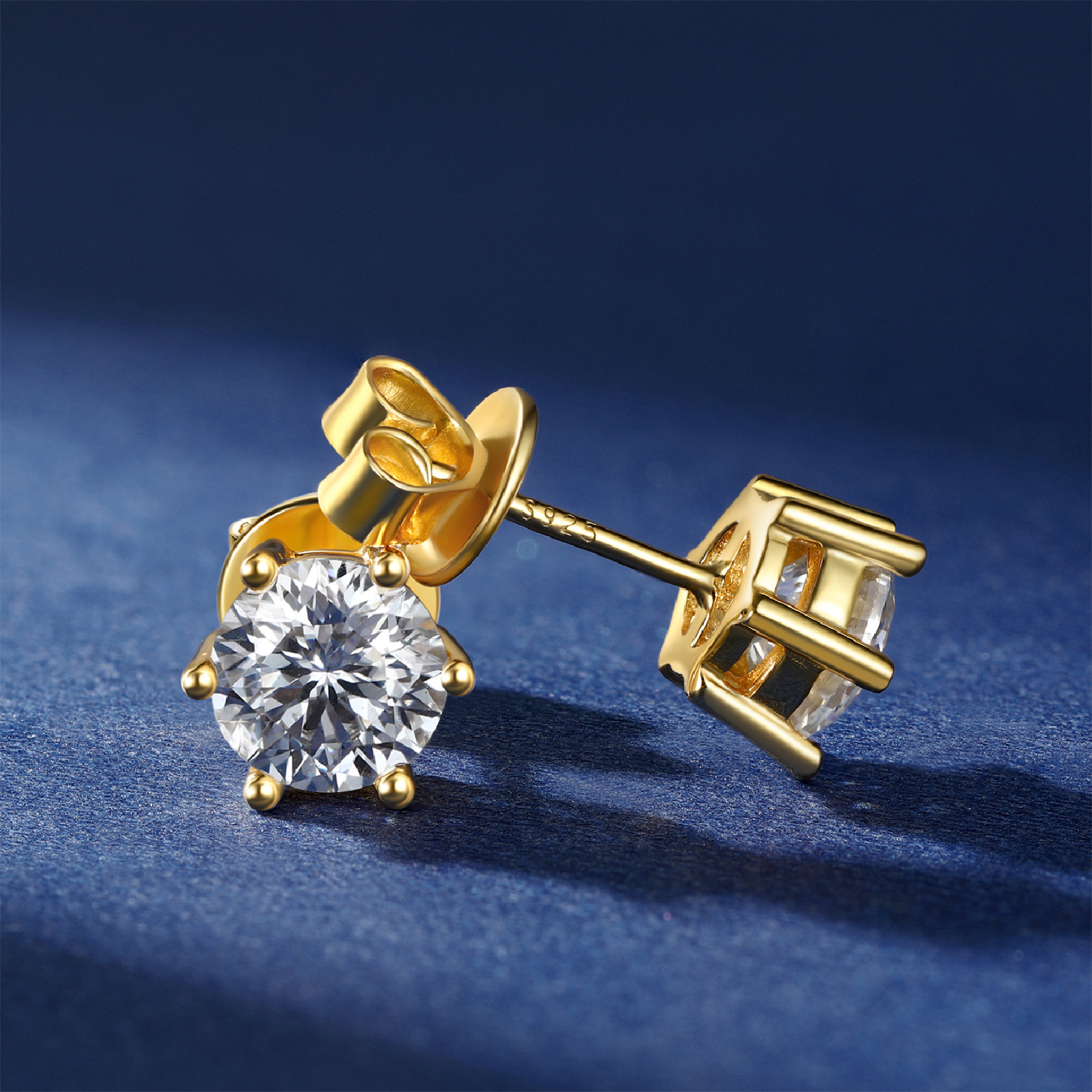 6 Prong Round Stud Moissanite Earrings in Yellow Gold (D Color VVS1)