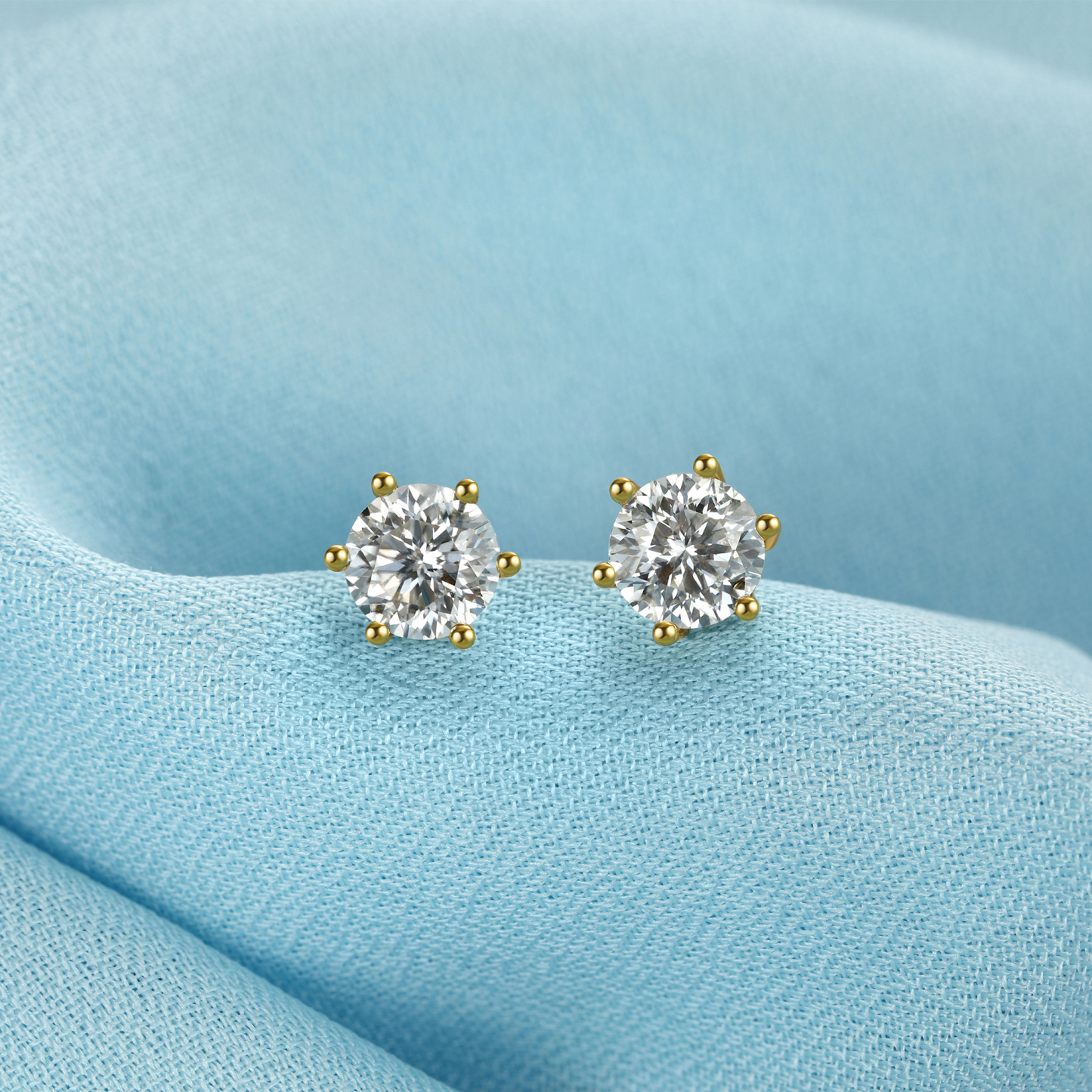 6 Prong Round Stud Moissanite Earrings in Yellow Gold (D Color VVS1)