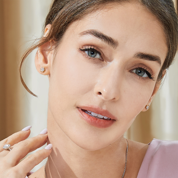 Six Prong Round Moissanite Stud Earrings in White Gold for Women-01