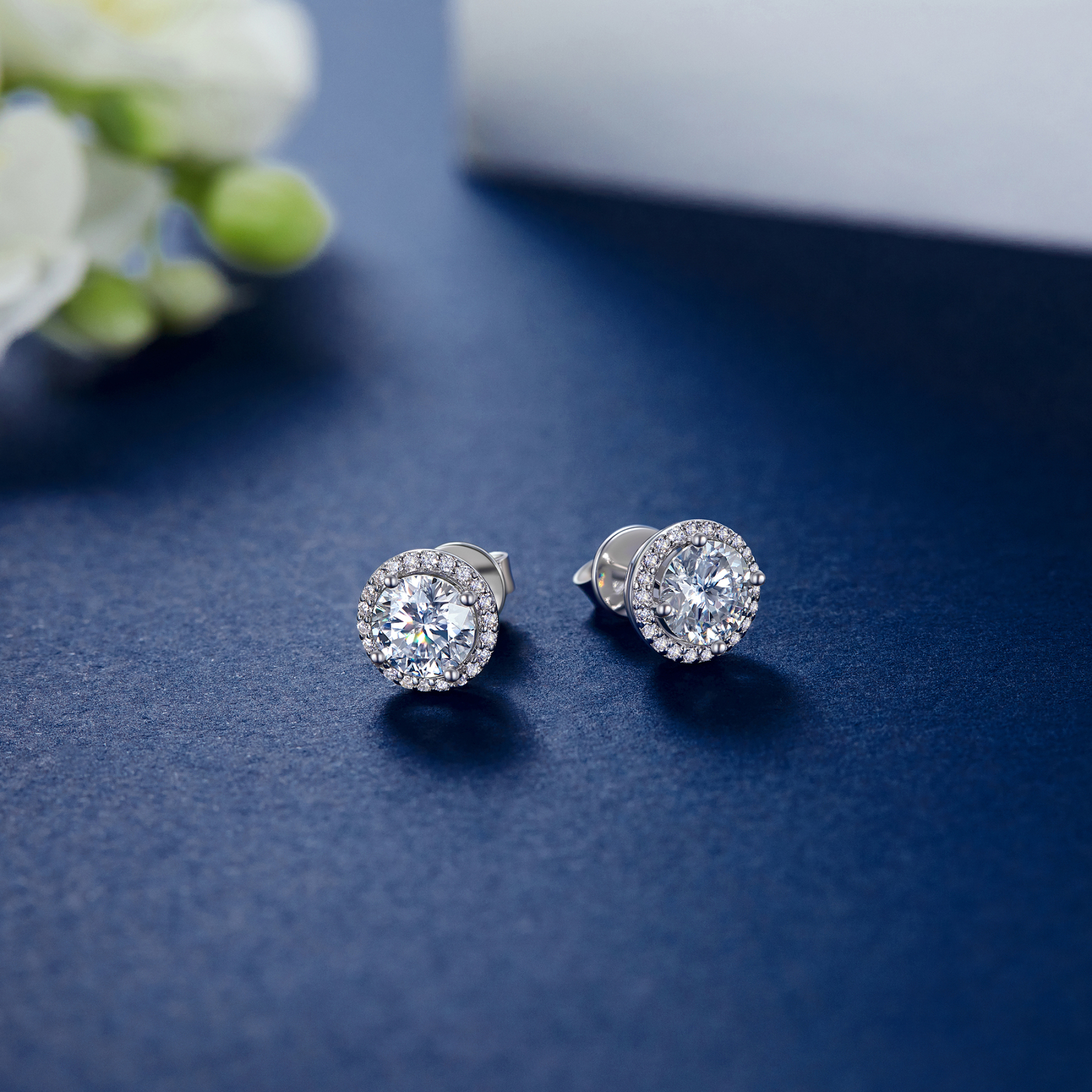 Halo Round Stud Moissanite Earrings in White Gold (1 Ct. VVS1)