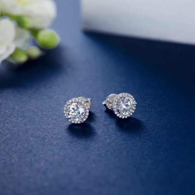 Halo Round Moissanite Stud Earrings in White Gold, Sterling Silver-01