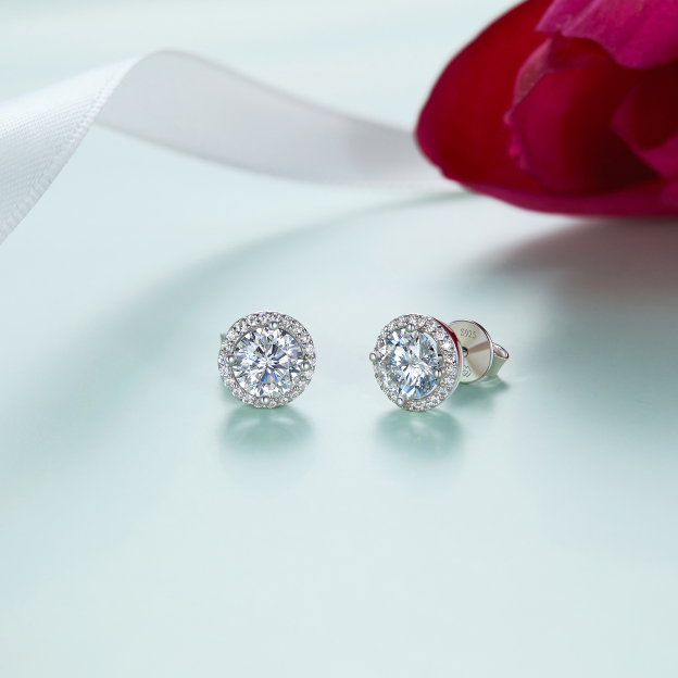 Halo Round Moissanite Stud Earrings in White Gold, Sterling Silver-02