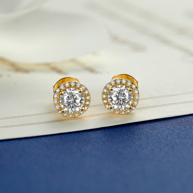 Halo Round Moissanite Stud Earrings in 14K Gold, Sterling Silver-02