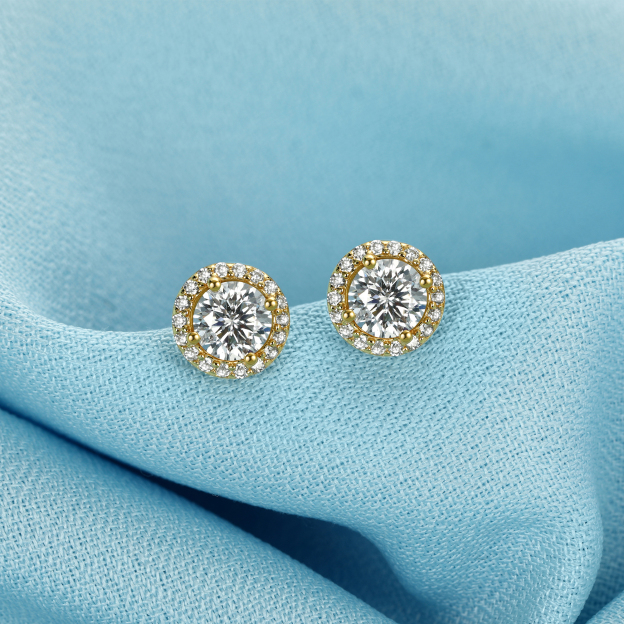 Halo Round Moissanite Stud Earrings in 14K Gold, Sterling Silver-01