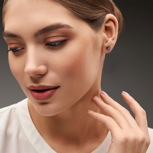 Four Prong Round Black Moissanite Stud Earrings in White Gold for Women-01