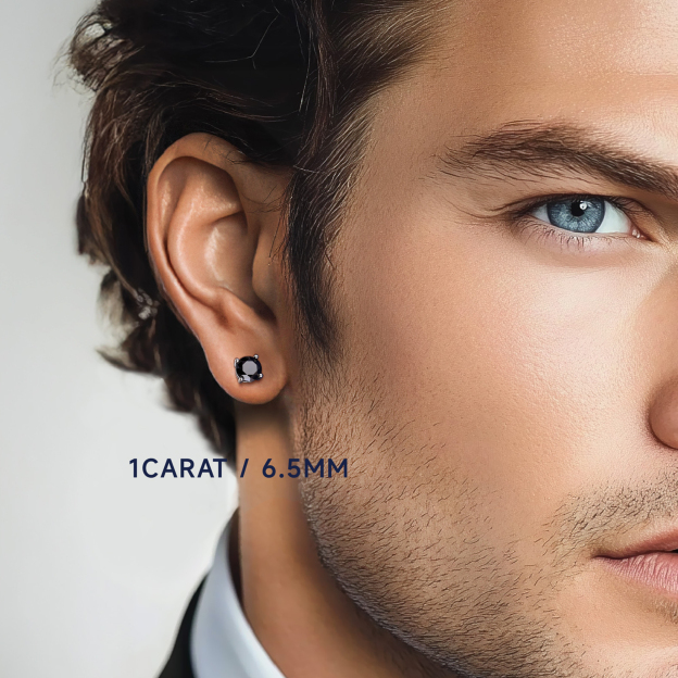 Four Prong Round Black Moissanite Stud Earrings in White Gold for Men-02