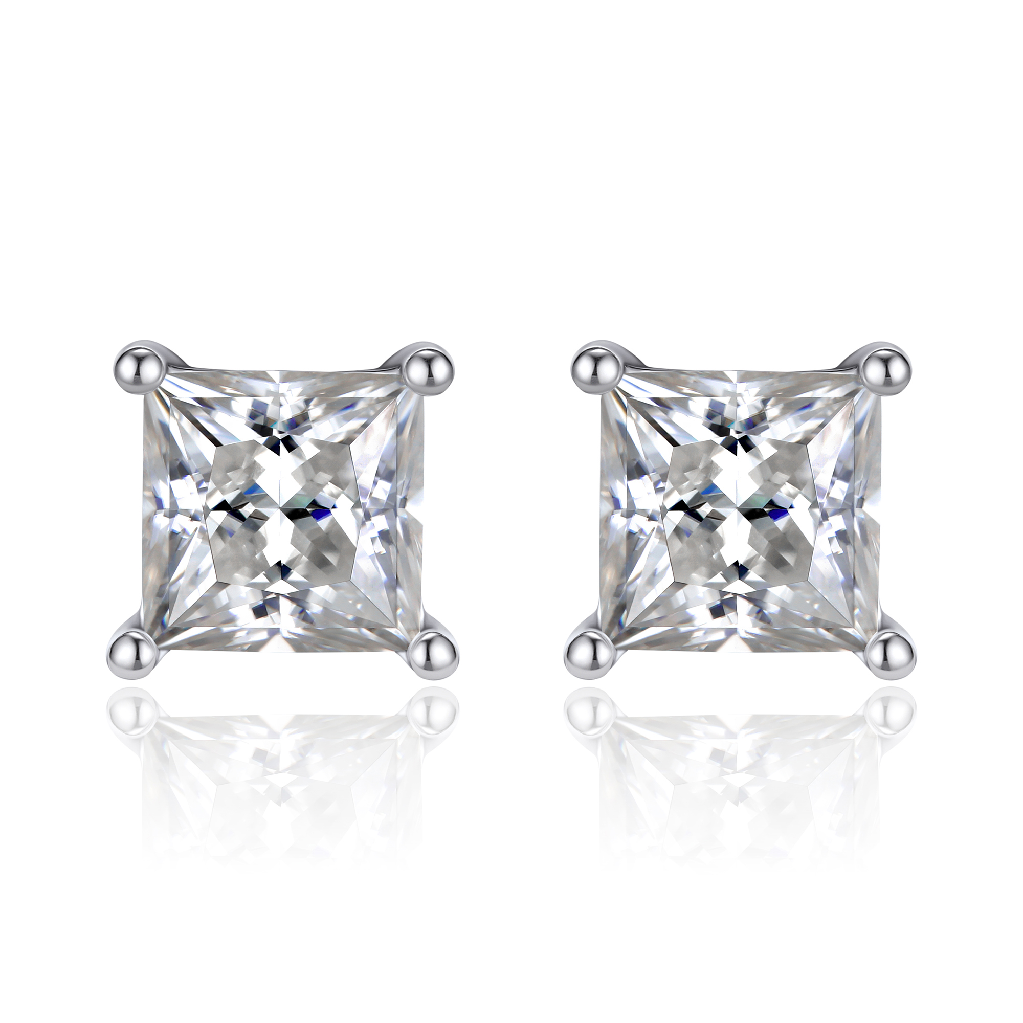 4 Prong Princess Cut Stud Moissanite Earrings in White Gold (D Color VVS1)