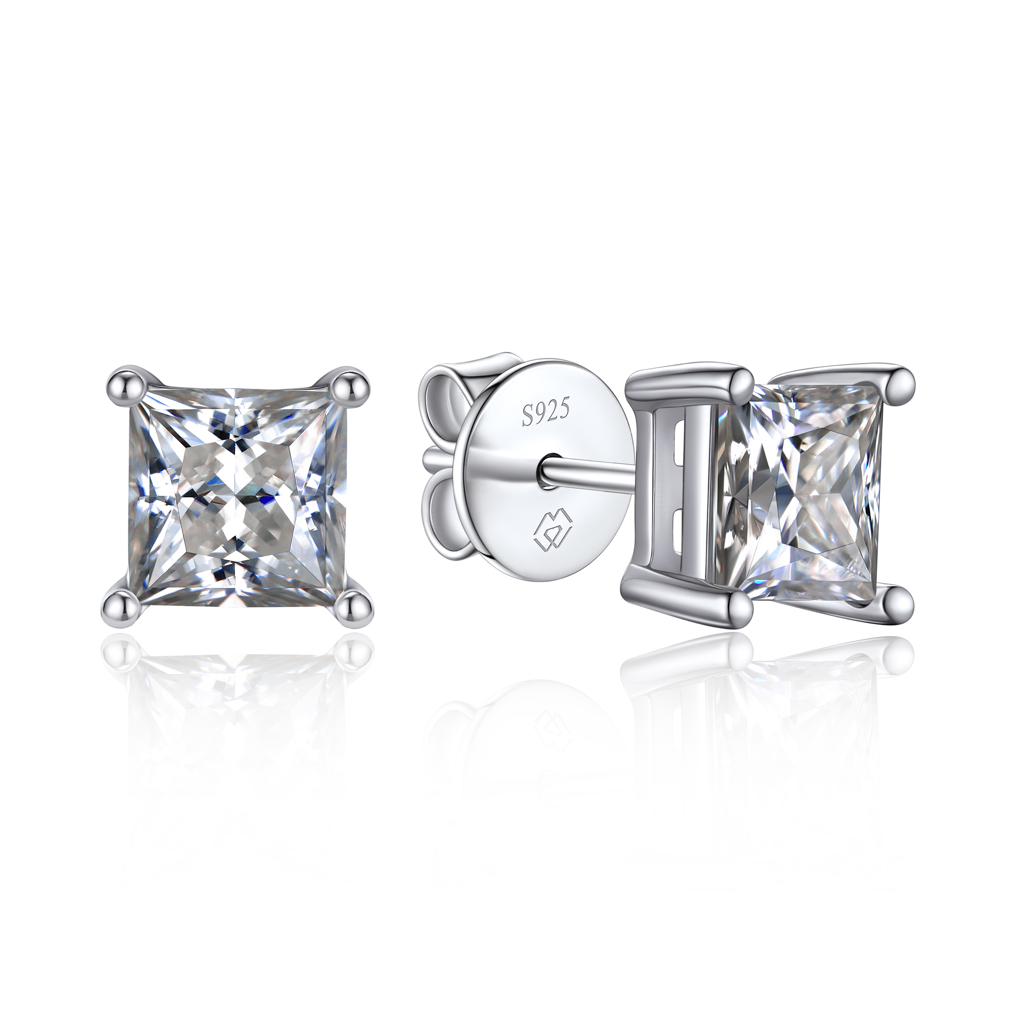 4 Prong Princess Cut Stud Moissanite Earrings in White Gold (D Color VVS1)