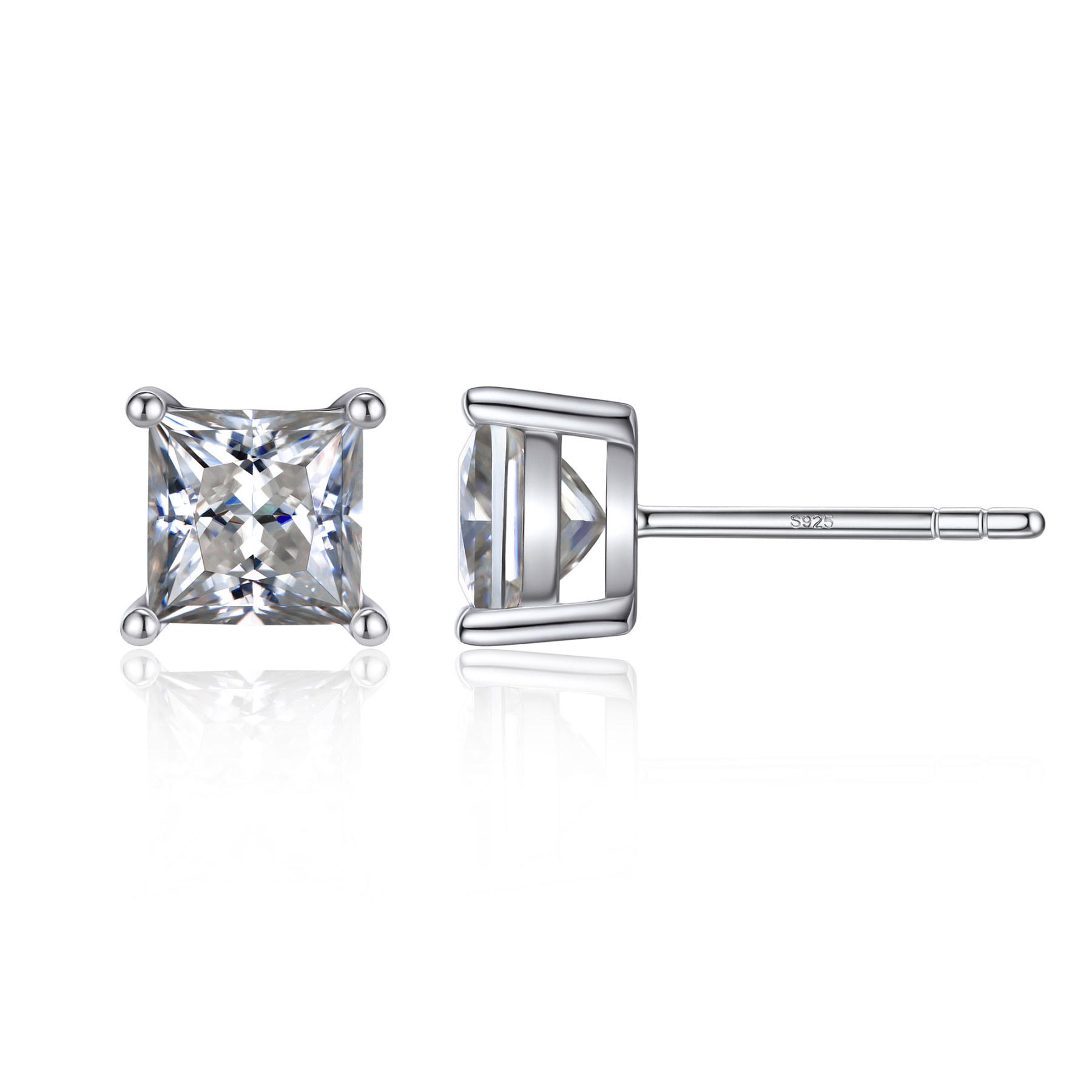 4 Prong Princess Cut Stud Moissanite Earrings in White Gold (D Color VVS1)
