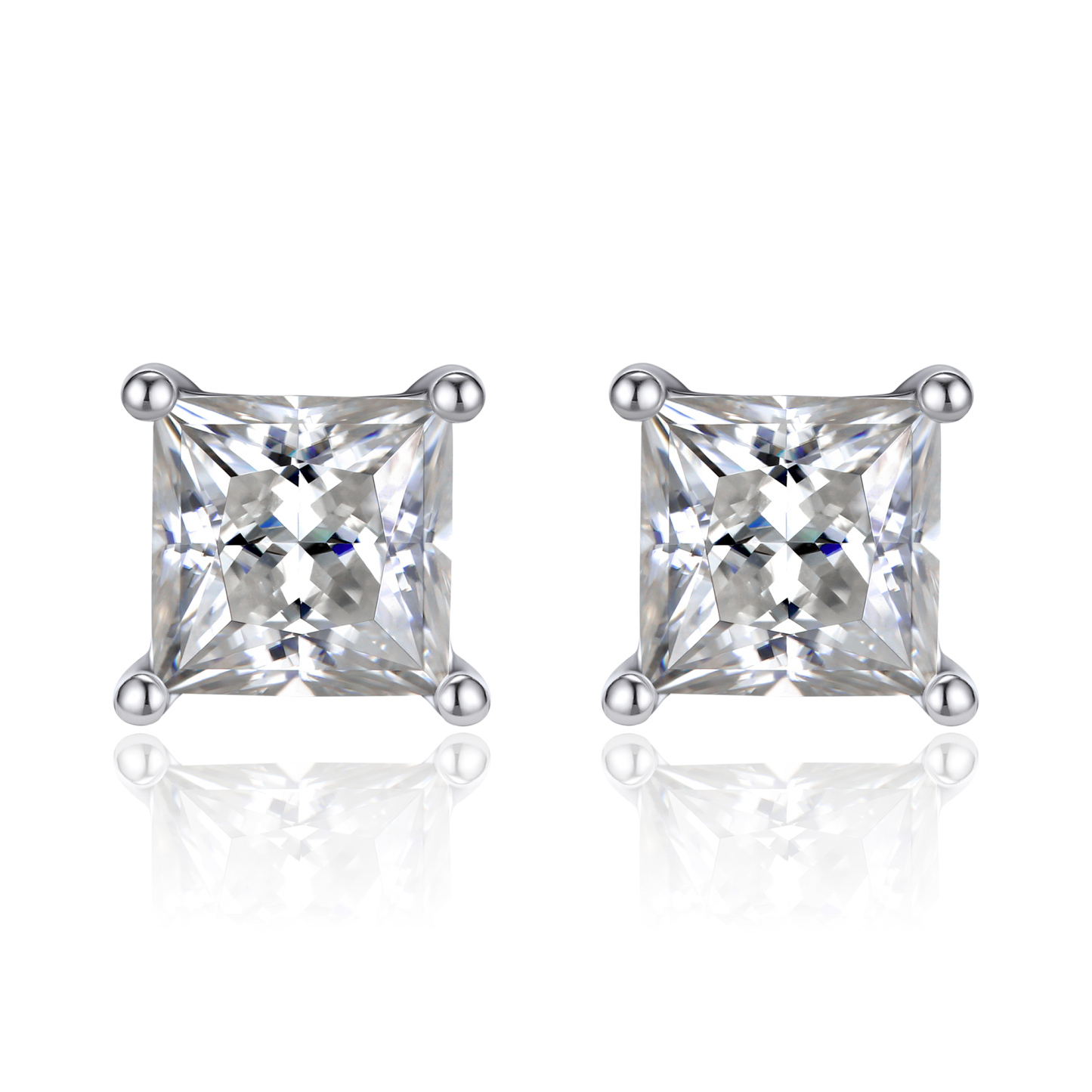 4 Prong Princess Cut Stud Moissanite Earrings in White Gold (D Color VVS1)