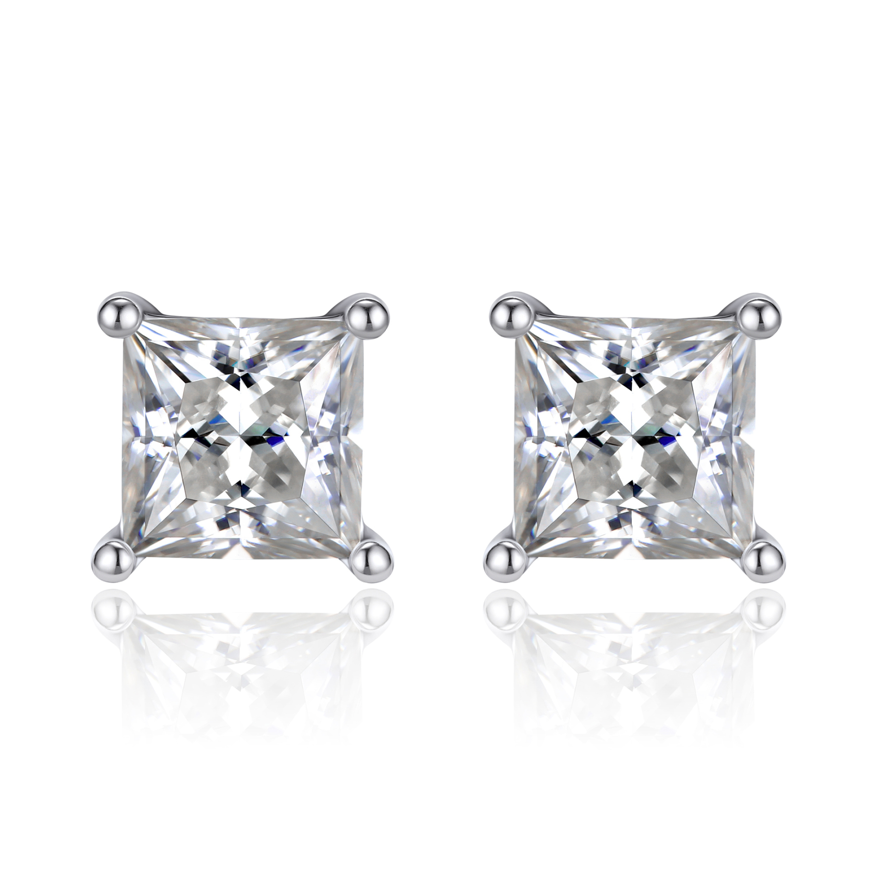 4 Prong Princess Cut Stud Moissanite Earrings in White Gold (D Color VVS1)