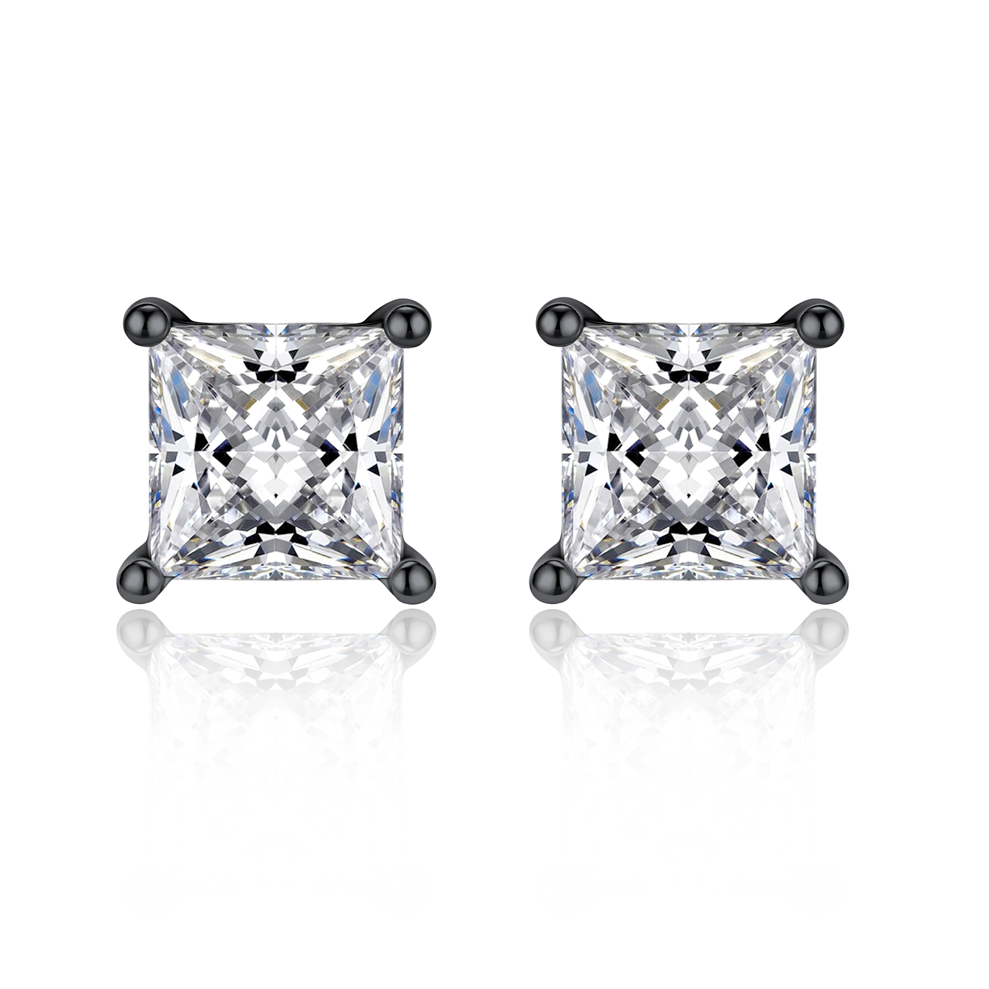 4 Prong Princess Cut Stud Moissanite Earrings in Black (D Color VVS1)