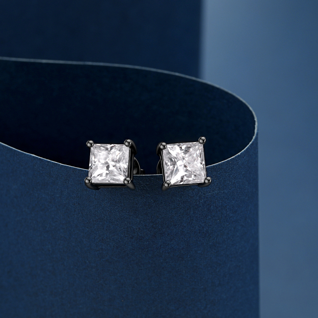 4 Prong Princess Cut Stud Moissanite Earrings in Black (D Color VVS1)
