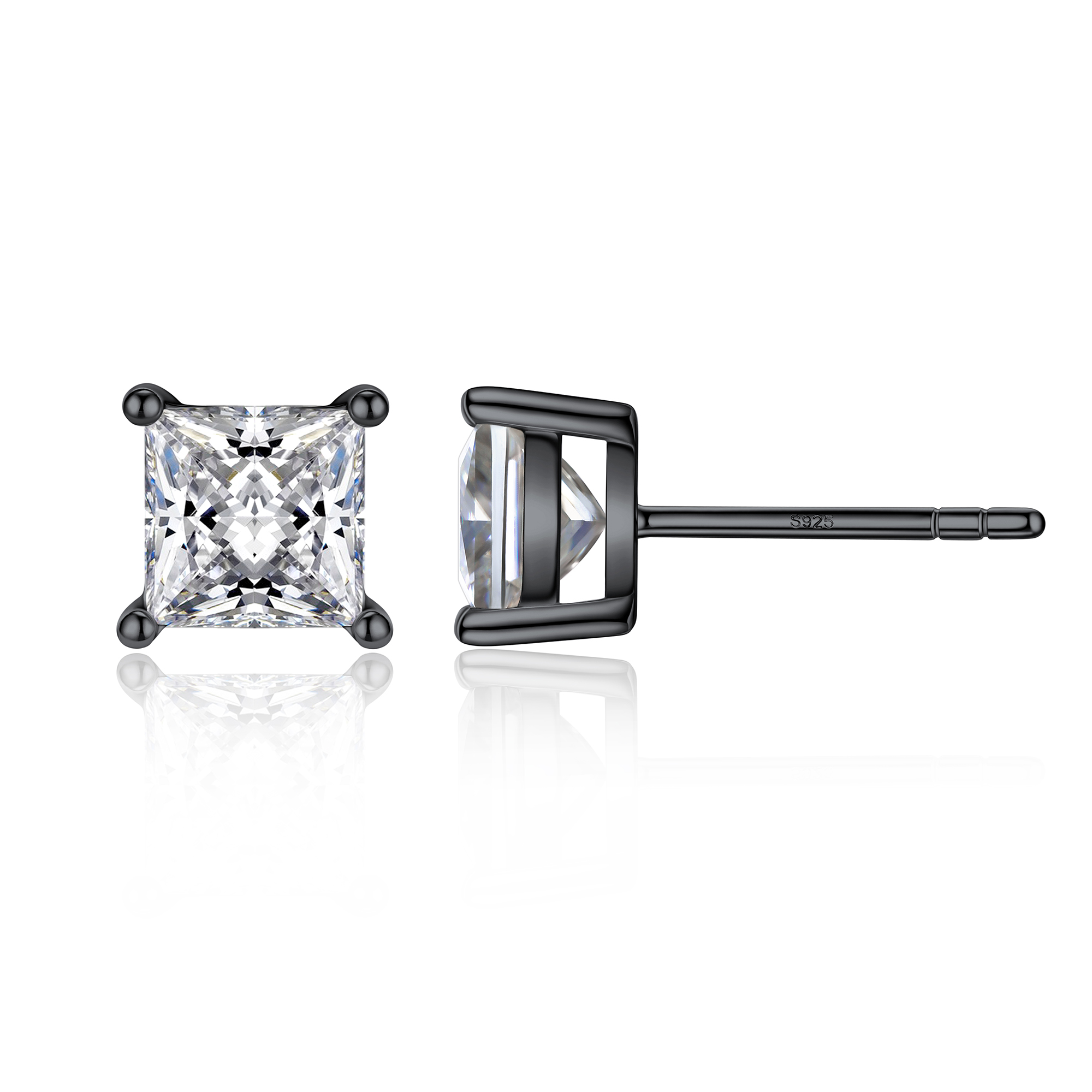 4 Prong Princess Cut Stud Moissanite Earrings in Black (D Color VVS1)